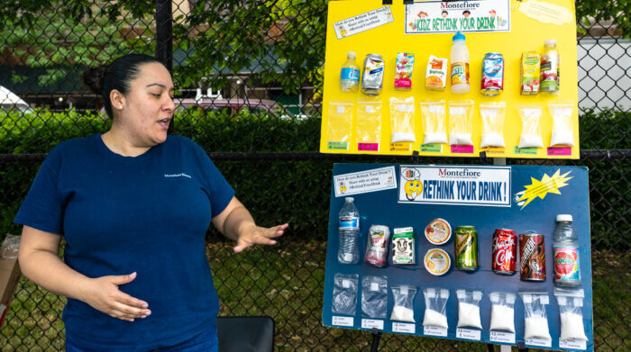 Montefiore Medical Center showcases the amount of sugar that each beverage contains and invites them to rethink their drink choices.