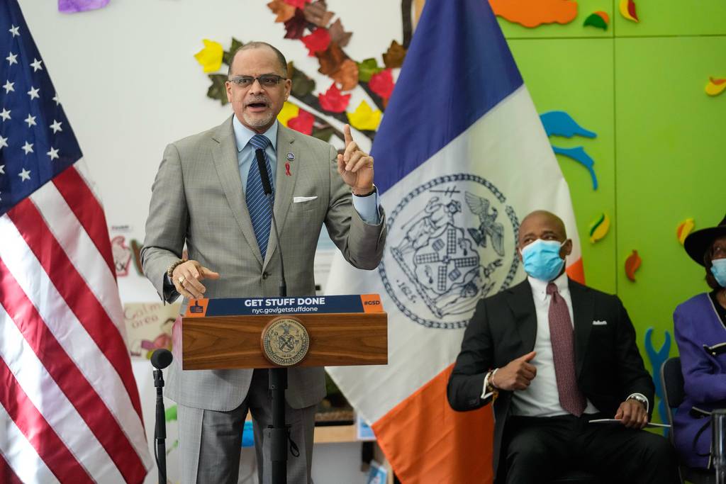 New York City Mayor Eric Adams, right, and New York City Department of Education (DOE) Chancellor David Banks are pictured in Harlem on Dec. 13, 2022. 