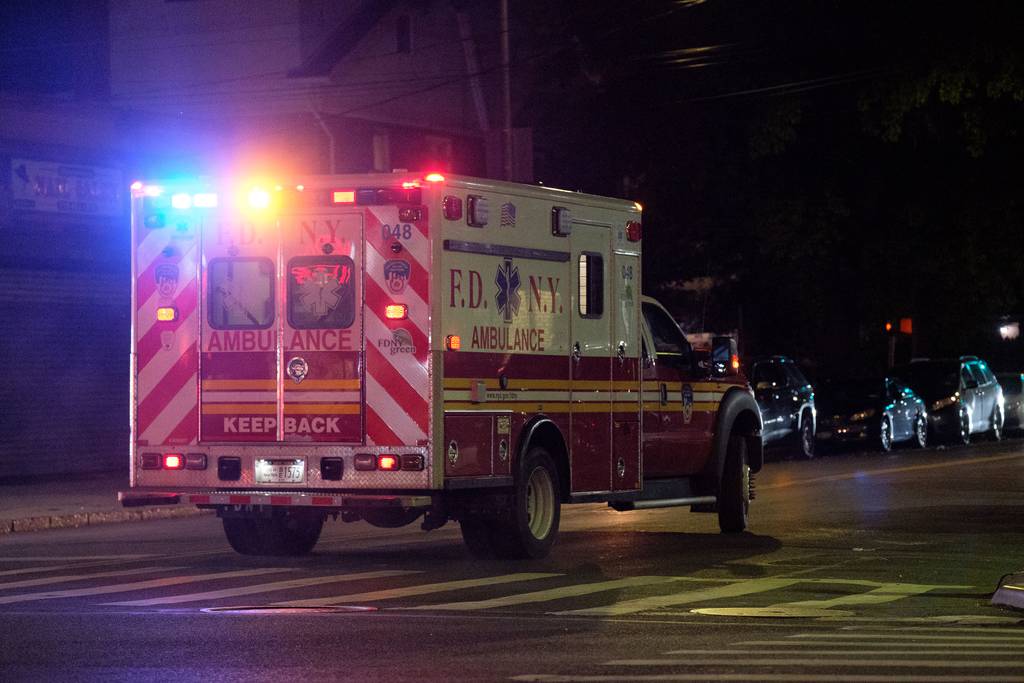 Medics respond after a bicyclist was struck by a driver on Nostrand Ave. and Avenue R in Brooklyn on May 26.