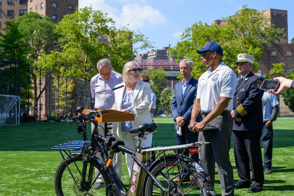 New York City Mayor Eric Adams mayor makes an e-bike safety-related announcement with U.S. Senator Charles Schumer and U.S. Senator Kirsten Gillibrand. NYCHA Baruch Houses Playground, New York, NY. Sunday, June 25, 2023.