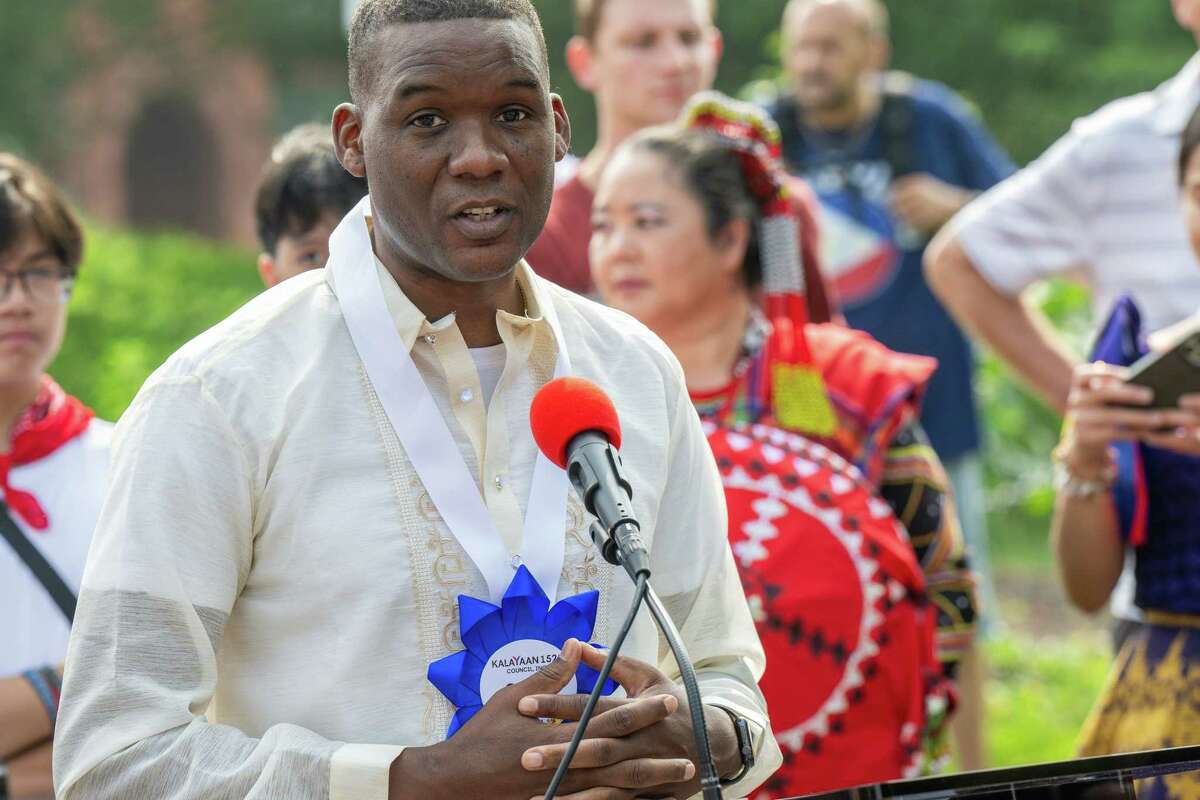 Albany City Council President Corey Ellis speaks prior to the Filipino Day parade on Saturday, July 1, 2023, in Washington Park in Albany, NY.