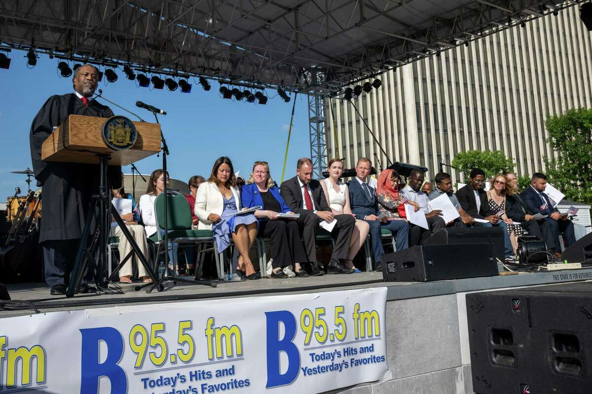 Acting Supreme Court Judge Richard Rivera speaks during a naturalization ceremony for 28 new U.S. citizens at the New York State Fourth of July celebration on the Empire State Plaza on Tuesday, July 4, 2023, in Albany, NY.