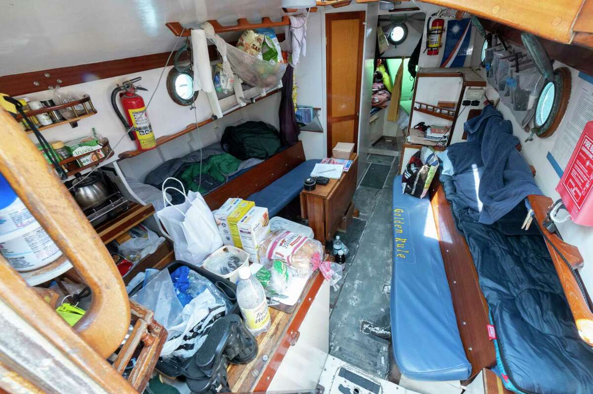 The cabin in the Golden Rule Peace Boat, which is docked Wednesday between the USS Slater and the Dutch Apple Cruise boat, in Albany. In 2010, the Golden Rule was rebuilt in Humboldt Bay, California, and is now “Sailing for a Nuclear Free World and a Peaceful, Sustainable Future.”