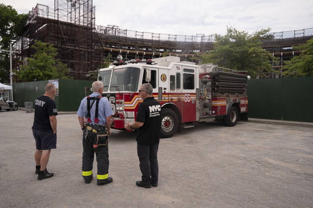 FDNY and NYC Emergency Management personnel are pictured outside the site where two workers were seriously injured at an Orchard Beach construction site Thursday, July 13, 2023  The Bronx, New York.  