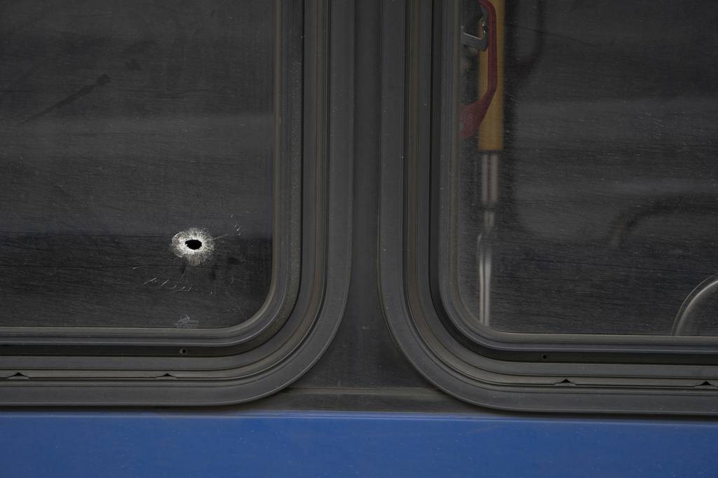 A bullet hole in the window of an MTA bus in the Bronx that was hit by gunfire on Saturday afternoon. Three women aboard the bus in Melrose were injured.