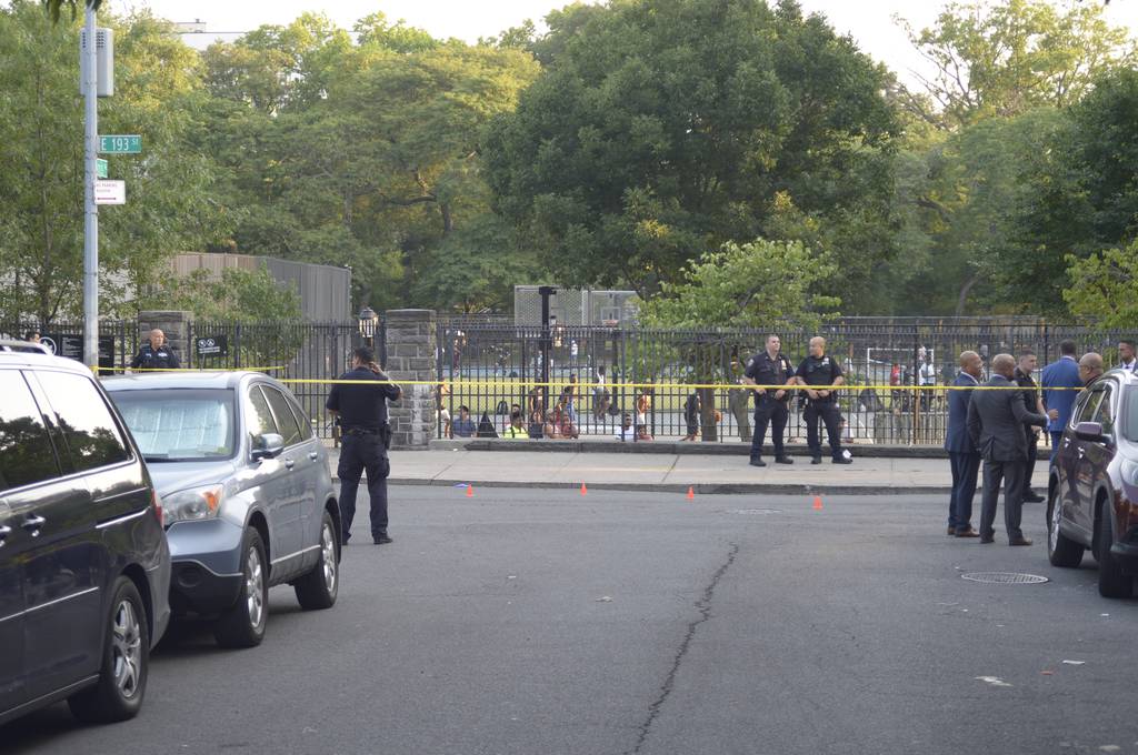 Police on the scene where three people were shot in this intersection of East 193 street and Morris Ave, on Tuesday, July 11, 2023.