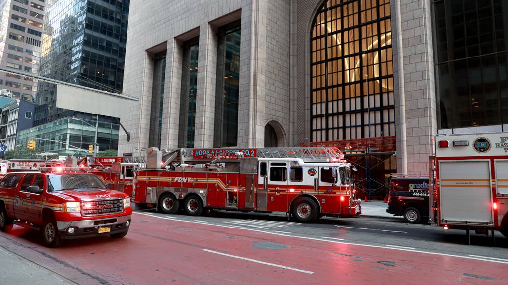 FDNY Fire tricks are pictured outside building located at 550 Madison Avenue (formerly known as the Sony Tower, Sony Plaza, and AT&T Building) where a acetylene explosion early Wednesday, July 12, 2023 injured two workers on the 34th floor of the iconic tower. 