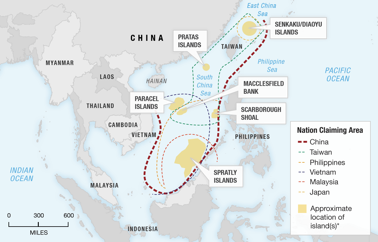 South China Sea map showing varying territorial claims