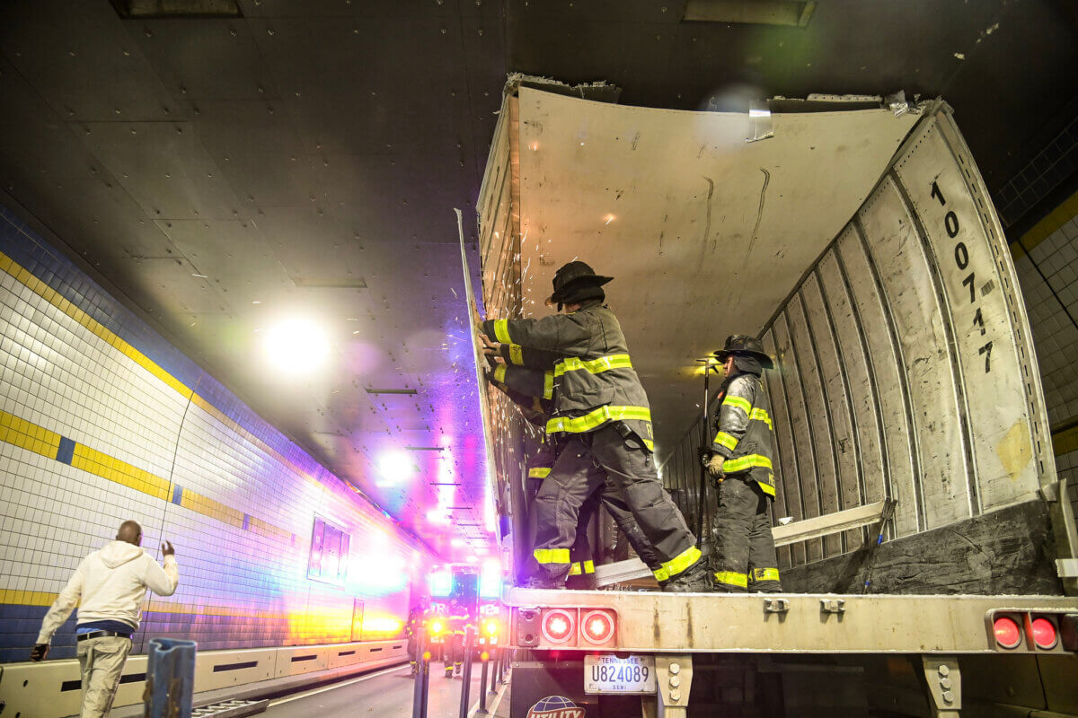 TBTA and FDNY respond to the west tube of the Hugh L. Carey Tunnel where an overheight Manhattan-bound tractor-trailer became stuck on Thursday, Sep 28, 2023.