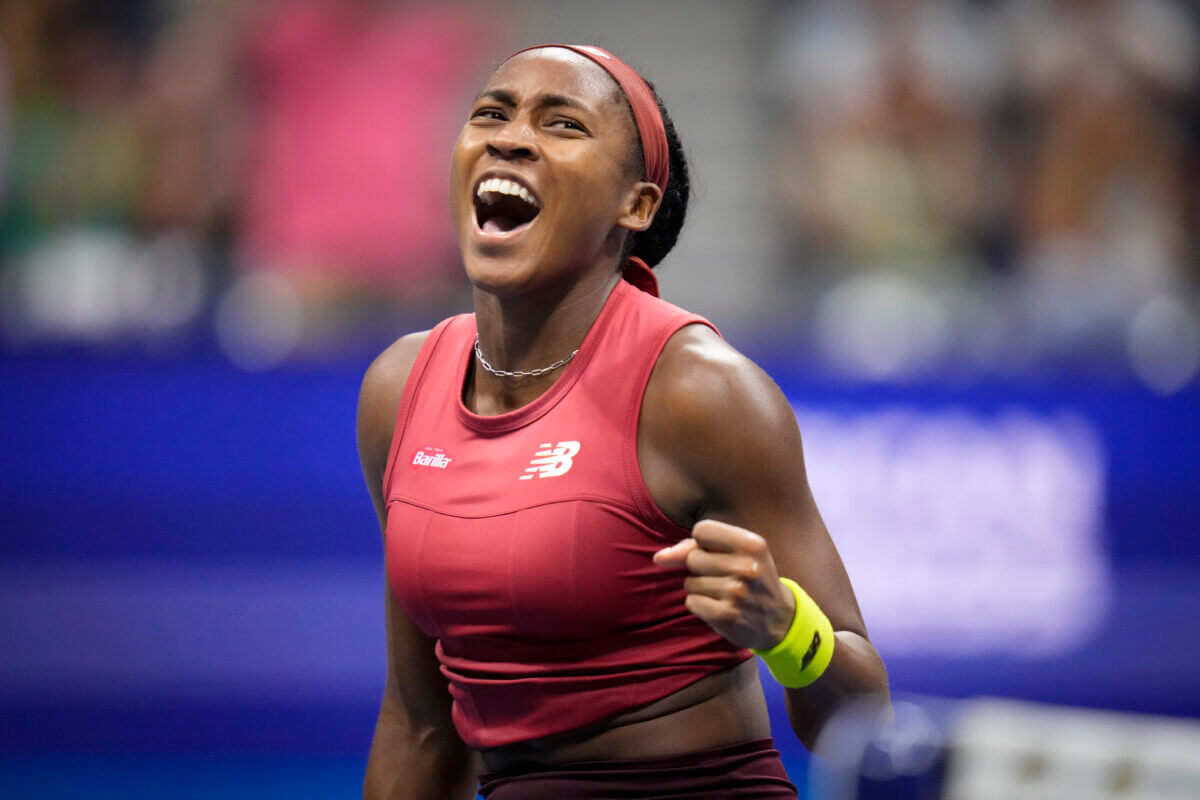 Coco Gauff celebrates winning a point