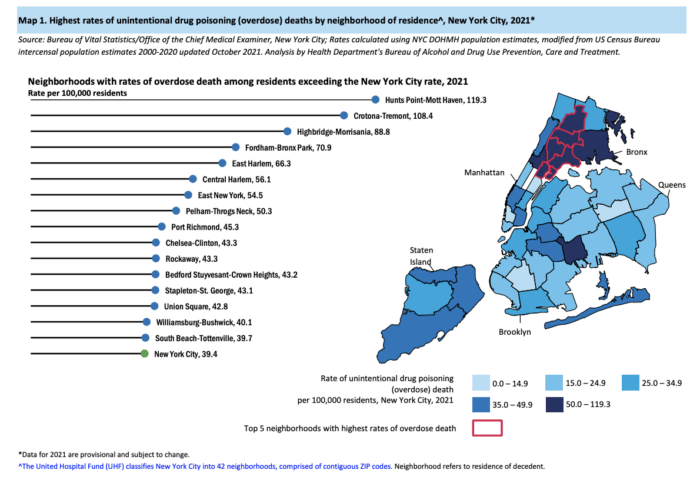 map color codes neighborhoods by overdose death rate