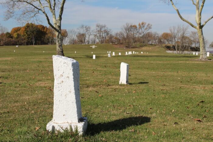 Some of the sections of Hart Island have little white markers. 