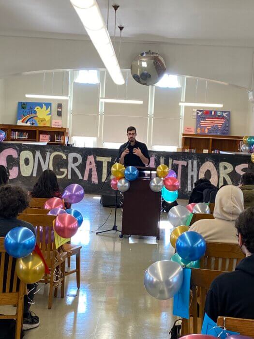 Fontes speaks at the book launch held at the Lafayette Campus Library.