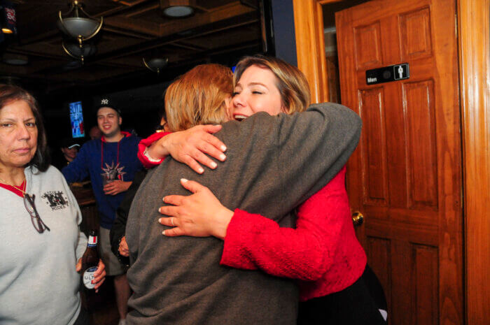 Kristy Marmorato celebrates her City Council victory on Tuesday, Nov. 7, 2023 in the East Bronx with supporters at Brewski's Bar & Grill. 