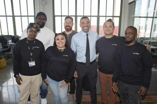 The BlocPower team: Shameeka Simpson, Fritz Duffus, Ciera Morales, Alex Apter, Keith Kinch, Oscar Flores and Alvin Watson at Pvilion ribbon cutting.