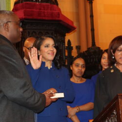 Hon. Linda Wilson takes the oath of office, administered by Hon. Janice A. Taylor, marking a historic moment as she is sworn in as Civil Court Judge in Brooklyn Heights.Photos: Mario Belluomo/Brooklyn Eagle