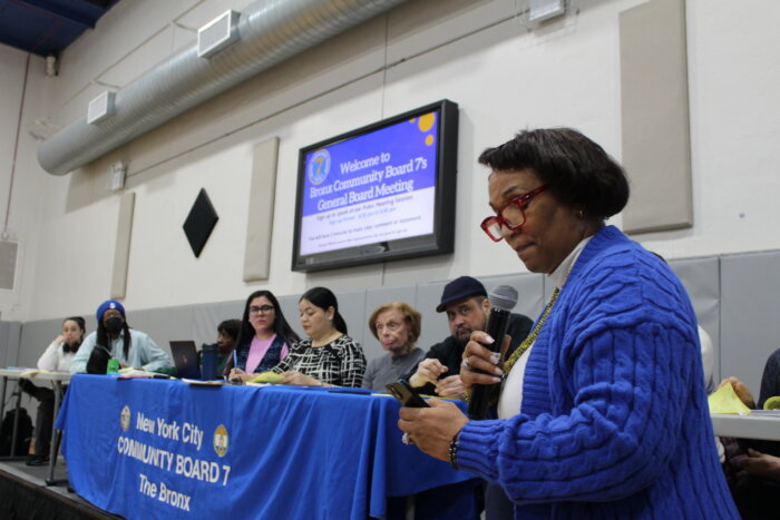 Patrice Moore, the CEO of Arms Acres, speaks in opposition of the 3584 Jerome Ave. dispensary application at the full CB7 meeting on Tuesday, Jan. 23, 2024.