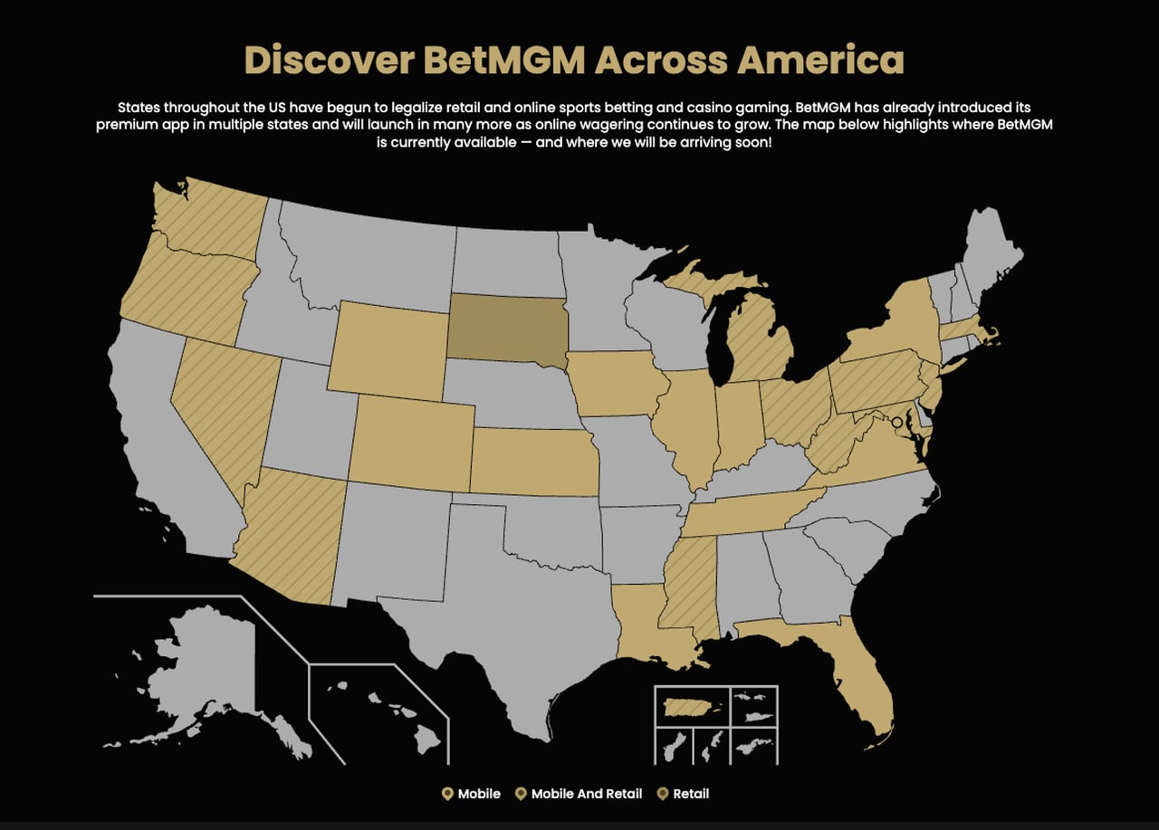 BetMGM Sportsbook's Super Bowl Free Bet Promo Eligibility Map