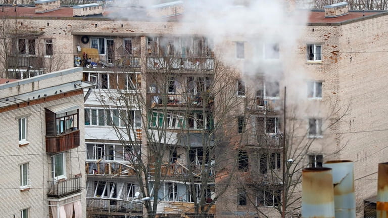 A view of a damaged apartment's building after a reported...