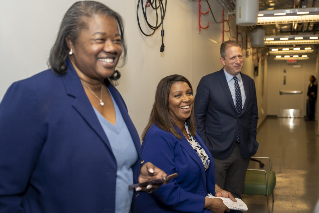 Deputy Borough President Kim Council, Attorney General Letitia James, and NYC Comptroller Brad Lander backstage.Photo: Jordi-Lakeem Foster