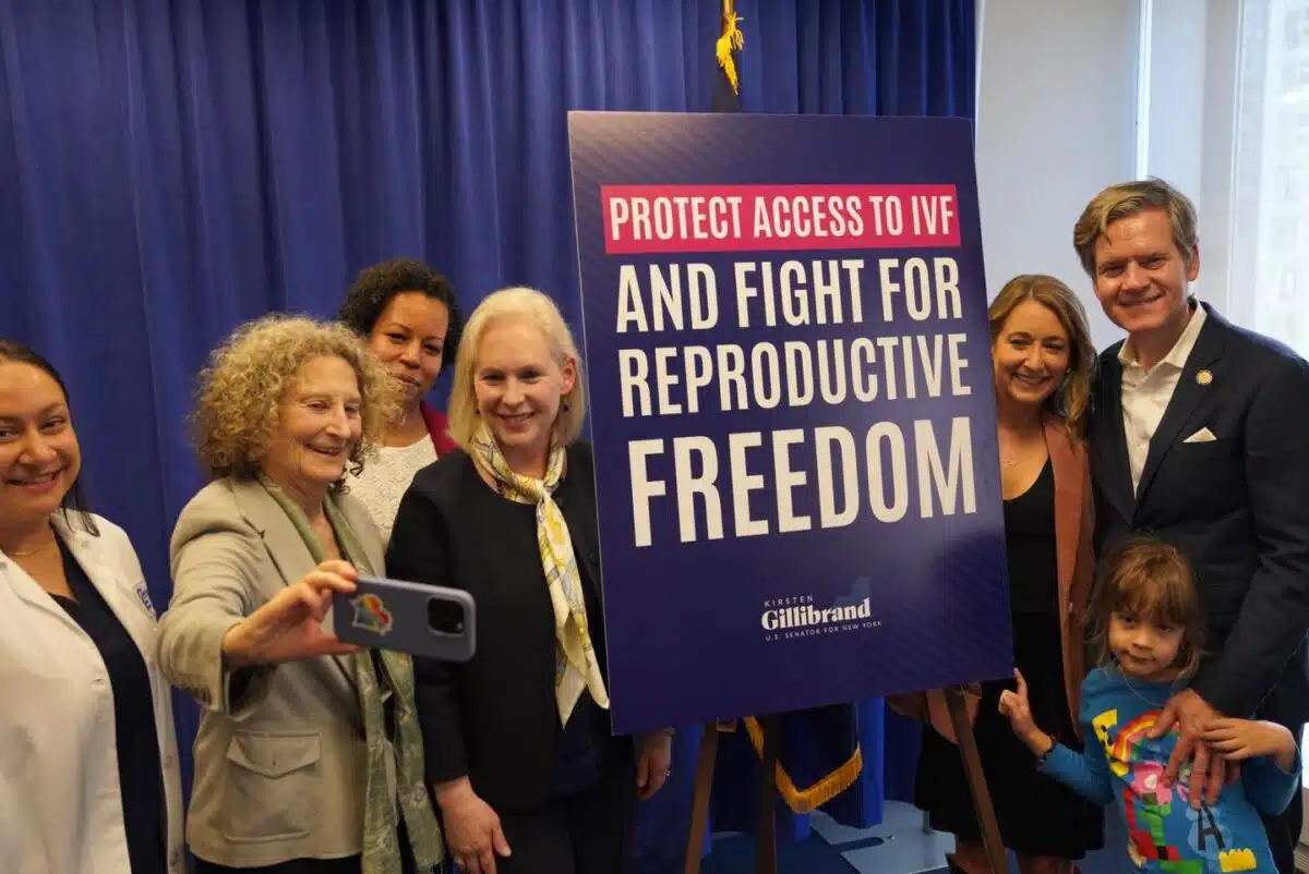 Senator Kirsten Gillibrand and advocates at a March 3 press conference supporting federal legislation to protect access to in vitro fertilization services for couples amid a restrictive Alabama state court ruling.