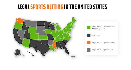 Map of states in which DraftKings is legal and available.