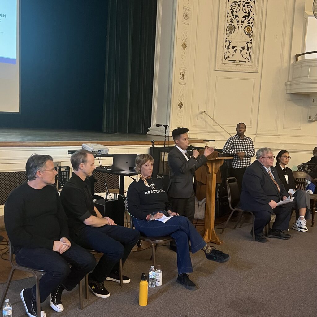 From left: Benjamin Anderson Bashein, CEO of The Skatepark Project (TSP); Alec Beck, associate director, external relations, TSP; Loren Michelle, director of the Pablo Ramirez Foundation; Councilmember Crystal Hudson (D-35, representing Prospect Heights, Fort Greene, Clinton Hill and parts of Crown Heights and Bedford Stuyvesant); Martin Maher, Brooklyn Parks commissioner (seated); and Ya-Ting Liu, NYC chief public realm officer, NYC office of the mayor.