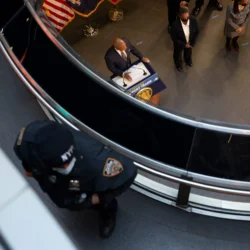 Mayor Eric Adams speaks about having more uniformed NYPD officers patrol the subways during a joint press conference with Gov. Kathy Hochul at the Fulton Transit Center, Jan. 6, 2022. Credit: Ben Fractenberg/THE CITY