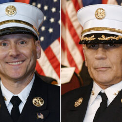 This combo of Feb. 7, 2023 images provided by the Fire Department of the City of New York, shows Brian Cordasco, left, and Anthony Saccavino, two former NYFD chiefs arrested Monday, Sept. 16, 2024, on charges that they solicited tens of thousands of dollars in bribes to provide preferential treatment in the department's fire prevention bureau. Fire Department of the City of New York via AP