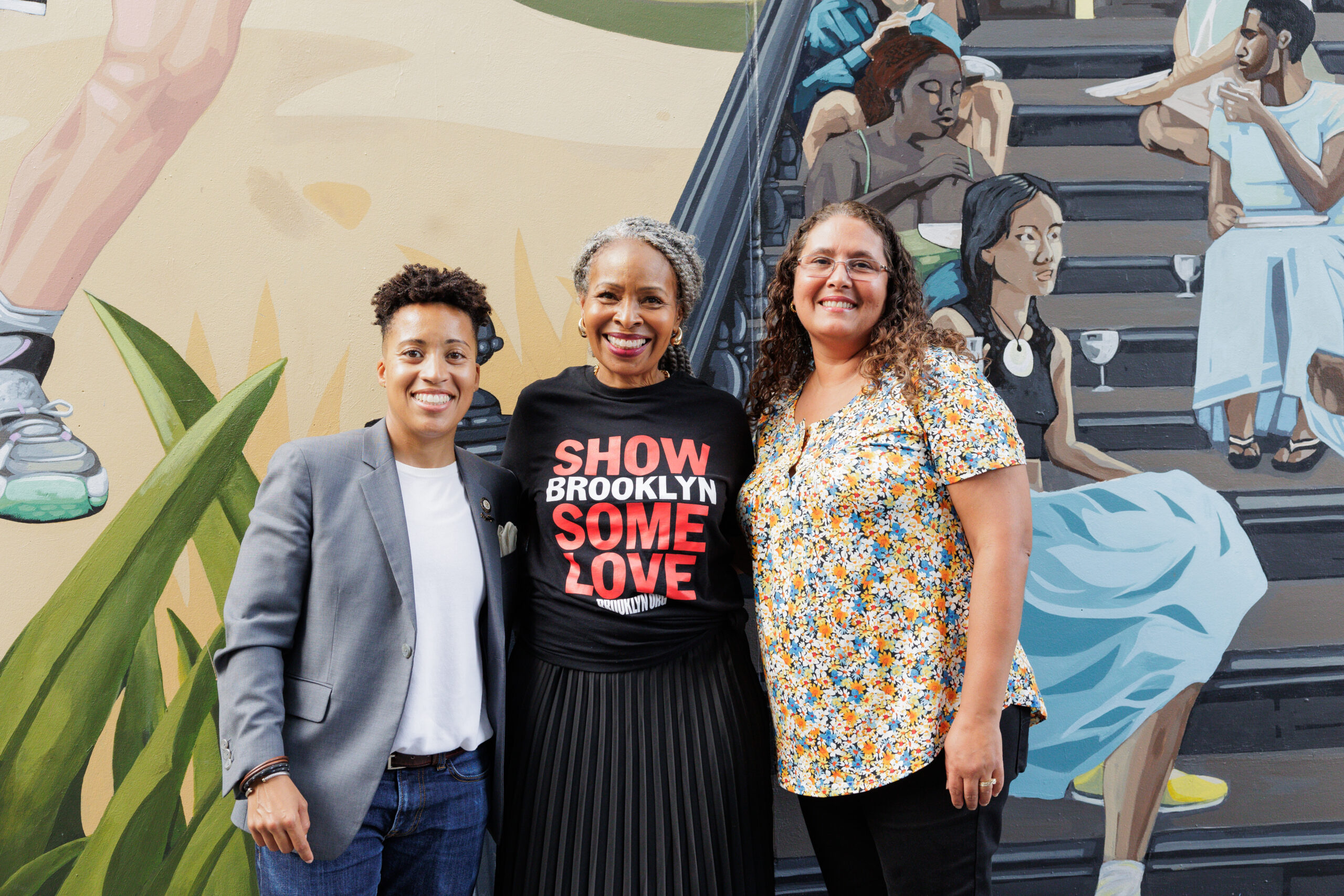 From left: City Councilmember Crystal Hudson, Brooklyn Org’s President & CEO Dr. Jocelynne Rainey, Executive Director of Groundswell Community Mural Project Yvonne Martinez Brathwaite. Photo by Paul Frangipane