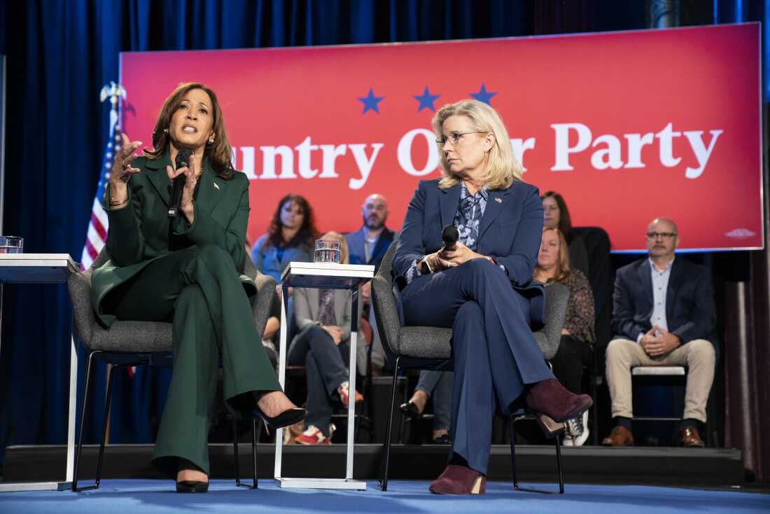 Vice President Harris campaigns with former GOP Rep. Liz Cheney on Oct. 21, 2024 in Royal Oak, Mich.